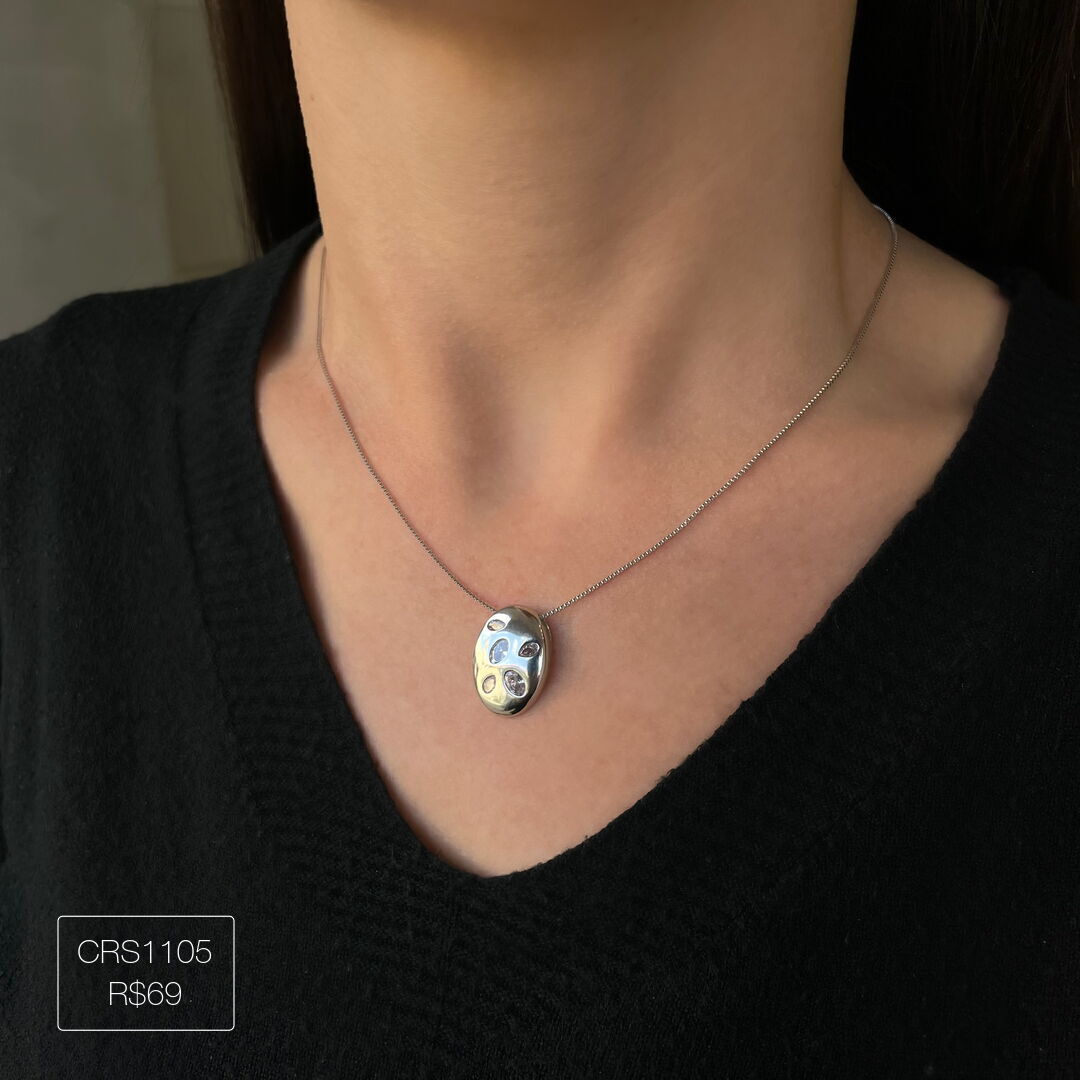 Colar Oval Zirconias Geometricas Esplendor Prateado